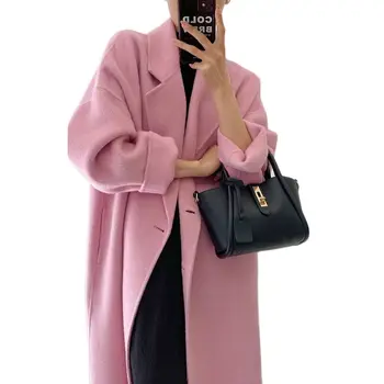 2023, ново висококачествено брендовое дамско дълго 100% вълна палто, свободно двустранно однотонное вълна палто за есен-зима, луксозно