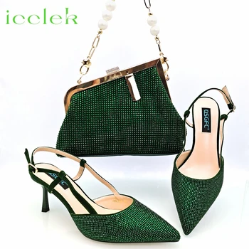 Новост 2023 г., висококачествени обувки в зелен цвят, комплект с чанта в тон, за нигерийски жени, обувки-лодка за сватбени партита