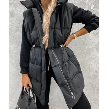 Есен 2021, нови зимни модни върхове, уличен жилетка, дамски стеганая яке без ръкав, без яка-багажник, преден джоб с цип, уличен жилетка