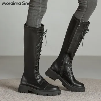 Черни ботуши на нисък ток и дебела подметка с шнур, женски престрелки ботуши в британския стил, есенно-зимни нови ботуши до коляното голям размер