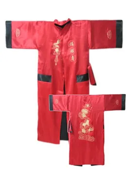 Червен двупосочен китайски мъжки копринен сатен, халат за баня с две лица, кимоно, халат за баня с бродерия дракон S0004