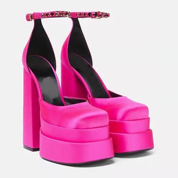CYJSYQFC/ маркови дизайнерски копринени дамски обувки-лодка за сватбени партита, сандали в стил пънк на висока платформа с каишка и катарама, обувки на дебелите квадратен ток