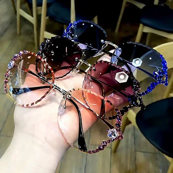Модни луксозни слънчеви очила без рамки с кристали женски 2020 Vintage слънчеви очила Bling Нюанси за жени Gafas De Sol Mujer Uv400