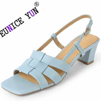 【EUNICE ЙОНГ】 Дамски маркови сандали от естествена кожа с каишка на щиколотке, сандали на дебелите обувки, дамски обувки на среден ток с катарама, лято 33-40