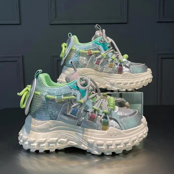Дамски обувки на масивна токчета, модерни маратонки на платформа, пролет-есен, естествена кожа, Ins, луксозна дизайнерска марка, женски зелен