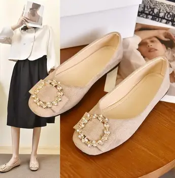 Дамски единичен обувки 2023, пролет и есен, нова корейска модни обувки на плоска подметка с кръгло бомбе и фин, с главата проста ежедневни обувки Doudou