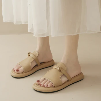 Дамски чехли, Нови Модни Универсални Летни Дамски Сандали с отворени пръсти, Обикновен Дамски чехли на равна подметка с кръгло бомбе