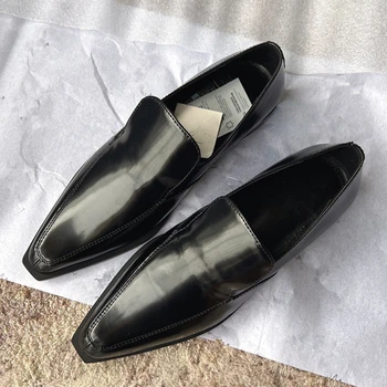 Elmsk / модни градска обувки от естествена кожа в английски стил, черен дамски обувки, бизнес кожата с остър пръсти