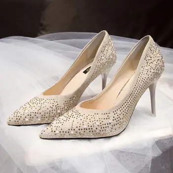 Обувки, дамски обувки-лодка с кристали, чубрица вечерни обувки, сватбени обувки на висок ток, по-големи размери 43, дамски велурени обувки на висок ток, дамски обувки