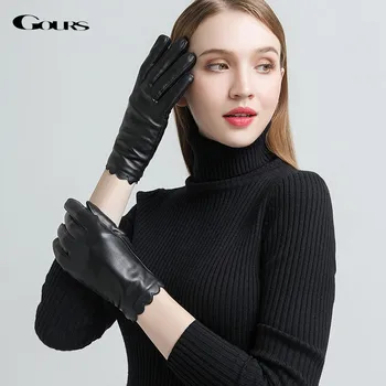 GOURS Зимни ръкавици от естествена кожа, дамски черни ръкавици от естествена агнешка кожа с докосване на екрана върху руното лигавицата на Топло мода Ново записване GSL070