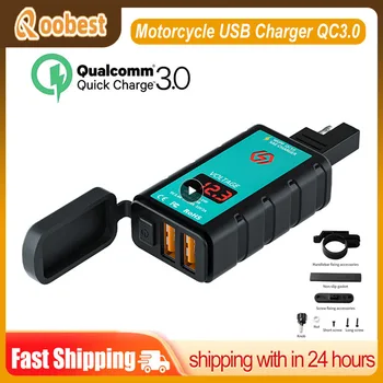 Ново мотоциклетное USB зарядно устройство QC3.0, бързо зареждане на волана, водоустойчив адаптер за контакта 12 В с вольтметром, аксесоари за мотоциклети