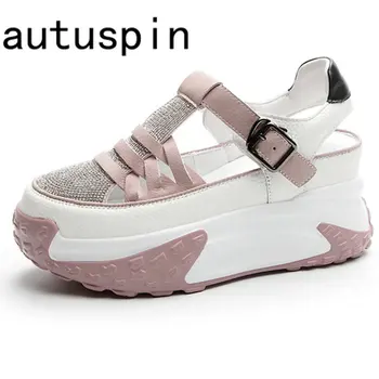 Autuspin / дамски сандали на танкетке 7 см, с кристали, лятна модни дамски обувки на платформа от естествена кожа, ежедневни кухи огромни маратонки