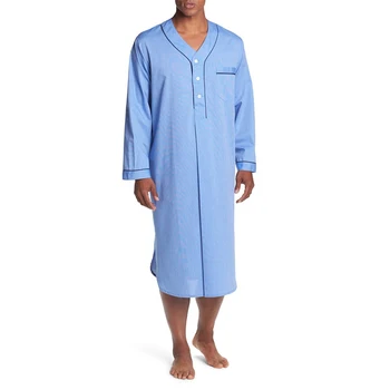 Мъжки свободна нощница с V-образно деколте и дълъг ръкав, пижама, удобен памучен пижами, горна риза, домашно облекло, хавлия, ежедневни дълга нощница