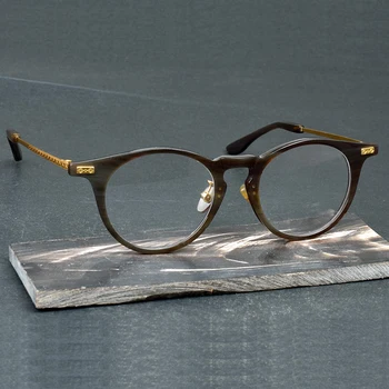 Кръгли очила в ретро стил от естествен рог на бизон, мъжки дизайнерски маркови оптични очила ръчно изработени дамски очила за четене в рамките на рецепта