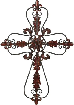 DecMode Кафяв метал декор под формата на кръст с превъртане, декори за стени, декорация за фермерска къща, ретро декор