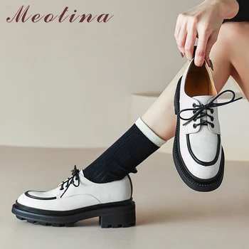 Meotina / Дамски обувки-лодка от естествена кожа, с кръгли пръсти на платформа и дебел висок ток с шнур, ежедневни дамски модни обувки черен, бежов цвят