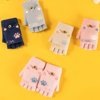 Ръкавици памучни с кошачьими уши на половината от палеца, ветроупорен женски флип-ръкавици, есенно-зимни ръкавици, улични ръкавици, детски ръкавици crochet