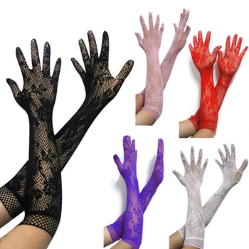 Дамски дантелен мрежести ръкавици, секси прозрачни вечерни ръкавици за булката, ластични дантелени жакард ръкавици в рибарска мрежа, аксесоари Kawaii Y2k, ръкавици за cosplay