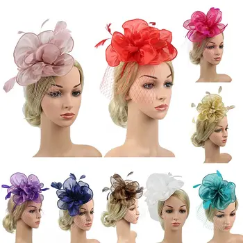 Реколта завесата, женска линия, шапки за чай, цветя превръзка на главата, шапки-чародейки, шапка с перо