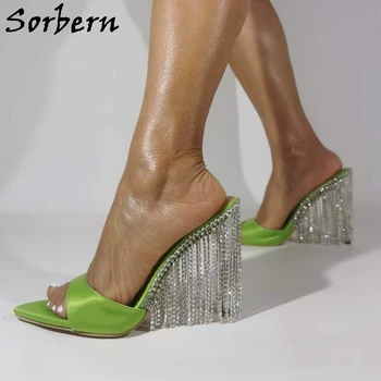 Sorbern / пресни зелени сатенени дамски чехли за баня с декорация във формата на кристали и кисточек, сандали на високи токчета-висок ток, летни джапанки, обувки за партита, цветни