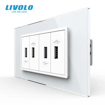 Livolo Стандартен Панел от Закалено Стъкло САЩ, 4-Пинов Конектор За зареждане Чрез USB, Е-Стенни Изход, Бяла Стъклен Панел, 4-Портов USB Конектор