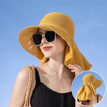 Лятна дамска шапка с широка периферия шал, лека дишаща мрежа, защита за лицето и шията, солнцезащитная шапка с лък, благородна плажна шапка за пътуване