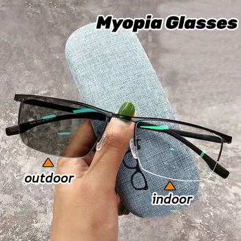 Фотохромичните бизнес очила за късогледство в полурамке, луксозни метални очила за късогледство, готови оптични очила с диоптриями минус 6,0