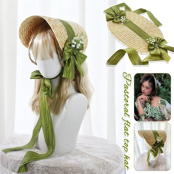 Дамски викторианската сватбена шапка за чай, Лолита ръчно изработени, ретро, зелено цвете лък, плажна сламена шапка от слънцето, френска сънливи шапка