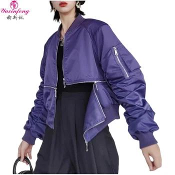 Есен 2023, Европейската дамски къс бейзболна яке, градинска дрехи с дълъг ръкав, модерен яка-часова, ежедневното палто с цип дълъг ръкав