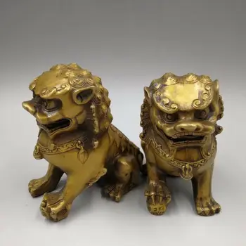 Китайски античен Месинг Лъв двойка Украса за дома