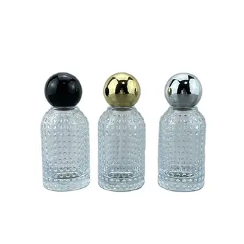 Флакон за перезаправки парфюм 50 мл, черен, златист, сребрист, със сферична капачка, запресоване помпа, пулверизатор, кръгла, празен, от прозрачно стъкло, флакони за ароматизиране на