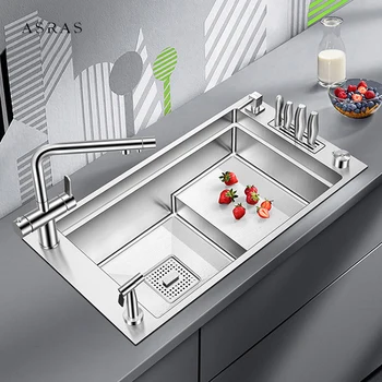 ASRAS Луксозна кухненска степенна мивка от неръждаема стомана 304, дебелина 4 мм, дълбочина 220 мм и голям размер, за ръчна работа, матиран държач за ножове, мивка