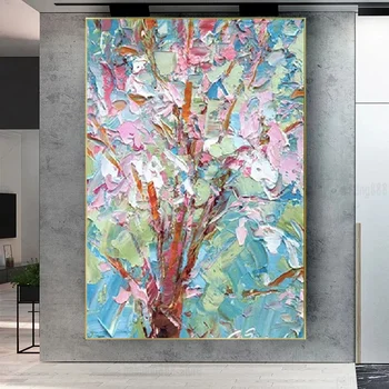 Пролет есен Жълто-синьо гора Монтиране на Картината изкуство-ръчно изработени Абстрактно дърво, Картини с маслени бои върху платно плакат за домашен интериор на Изображението в реално време