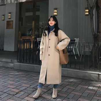 Нова вълна палто черно/лилаво от утолщенного памук в британския стил, елегантно кашемировое палто над коляното, дамски зимни връхни дрехи в корейски стил с джобове