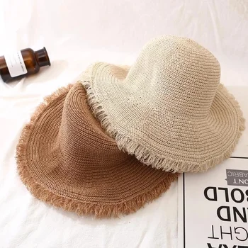 Дамски модни шапка, плажна солнцезащитная шапка с широка периферия, модни однотонная сламена шапка, дамски солнцезащитная шапка-кофа