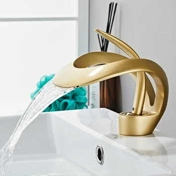 Златен / бял смесител за баня, черен смесител за баня, месинг творчески сив смесител за мивка, топла и студена мивка с водопад