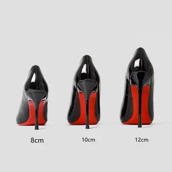 Дамски обувки с остри пръсти, пикантна червена лъскава подметка, модерни дизайнерски обувки на високи токчета, елегантни обувки-лодка за партита и сватби с кутия
