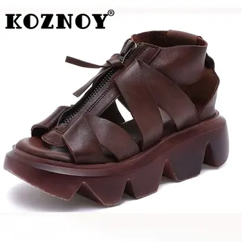 Koznoy/дамски летни обувки от естествена телешка кожа, 5 см, обувки-лодка на платформата и танкетке, дамски сандали-чехли, дизайнерски удобни дамски сандали 2023 година на издаване