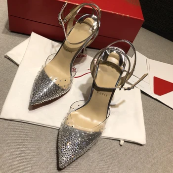 Висококачествени дамски обувки на висок ток 10 cm, с червена подметка, луксозни модни дамски сандали с кристали, класически дизайнерски обувки в стил ретро с високи токчета 0032HJ
