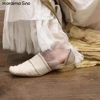 Бели дантелени окото сладки обувки на равна подметка, лятна новост, цветова гама, през цялата ток, квадратен чорап, Baotou, модни дамски обувки, без съединителни върху плоска подметка