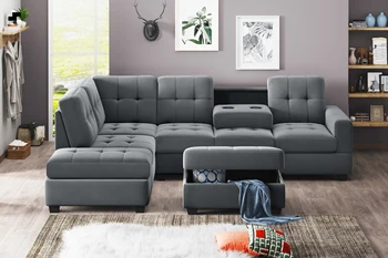 Секционни диван от Микрофибър от 3 части с Реверсивным Шезлонг, Пуфиком за съхранение и Подстаканниками Античен Сив/Кафяв [US-W]