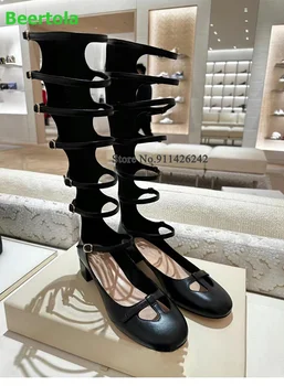 Черни обувки на равна подметка, дизайнерски обувки-лодка с катарама до средата на прасците, женски пикантни ежедневните модерни елегантни обувки на площада обувки с кръгло бомбе